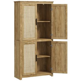 HOMCOM 64" Tall Storage Cabinet Kitchen Pantry with 4 Rattan Doors & 4 Tier Shelves, Natural