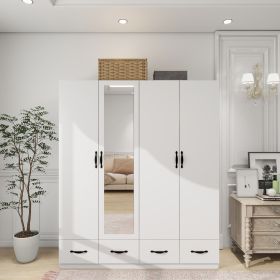 Armoire Wardrobe Closet 4 Door: 4 Drawers Wooden Cabinet Closet Wardrobe with Mirror and Hanging Rod High Storage Capacity for White Closet Cabin