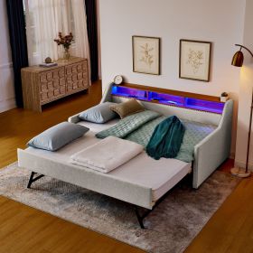 Twin Size Upholstery Sofa Bed with Three LED lights, with Storage Adjustable Headboard, with Foldable Leg Pull up Trundle Bed and Wireless Chargi