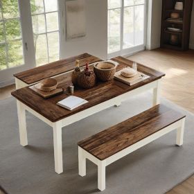 Farmhouse Kitchen Table Set for 4-6, 55-Inch Wooden Dining Table with 2 Benches, Space Saving 3 Pieces Heavy Duty Dinette