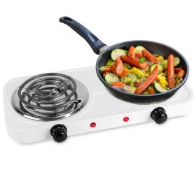 2 Color Options -- 1Pc 2000W Electric Double Burner Portable Coil Heating Hot Plate Stove Countertop RV Hotplate With Non Slip Rubber Feet 5 Temp (Color: White)