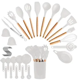 35Pcs Kitchen Cooking Utensils Set Spatula Set Baking Utensil Set Kitchen Accessories Necessities With Holder Egg Whisk Separator Tong Turner Spo (Color: White)