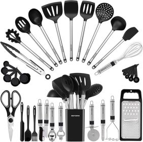 Kitchen Utensil Set-Silicone Cooking Utensils-33 Kitchen Gadgets & Spoons for Nonstick Cookware-Silicone and Stainless Steel Spatula Set-Best Kit (Color: Black)