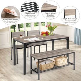 4 Pieces Rustic Dining Table Set with 2 Chairs and Bench (Color: GRAY)