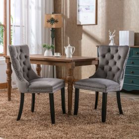 Modern High-end Tufted Solid Wood Contemporary Velvet Upholstered Dining Chair with Wood Legs Nailhead Trim 2-Pcs Set (Color: GRAY, Material: Velvet)