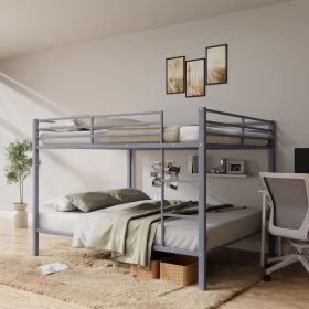 Full Over Full Bunk Bed, Heavy Duty Metal Bunk Bed Frame with Built-in Ladder and Safety Guard Rail, Low Metal Bunk Bed Frame for Kids (Main Material: Iron, Main Color: Gray)