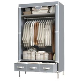 Portable Clothes Closet Rolling Door Wardrobe with Hanging Rack Non-Woven Fabric Storage Organizer with Three Drawer Boxes No-Tool Assembly - 67i (Color: Grey)